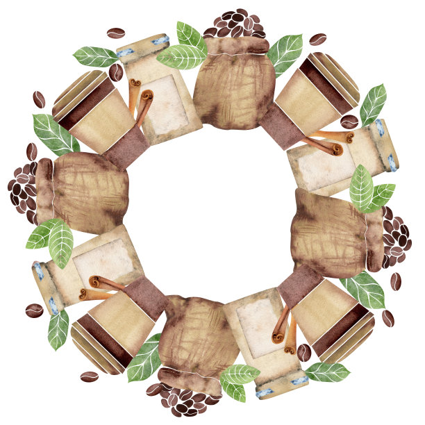 水彩手绘圈框架花环与咖啡袋，叶子，豆类，肉桂香料，罐子。孤立在白色背景上。用于邀请，咖啡馆，餐厅的食物菜单，打印，网站，卡片图片下载