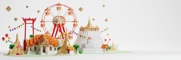 3d泰国泼水节背景3d与蓝色的水飞溅，泰国建筑。(泰语翻译:泰国泼水节)图片下载