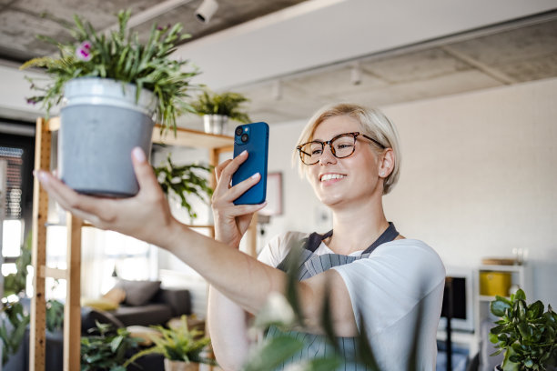 年轻女子正在给室内植物拍照图片下载