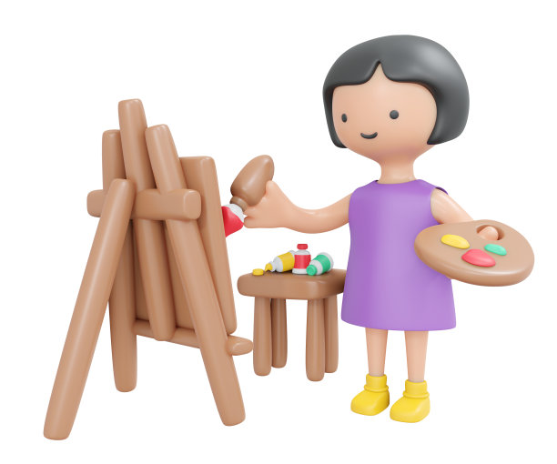 3D渲染快乐女孩绘画作品孤立的白色卡通风格。3D渲染插图。图片下载