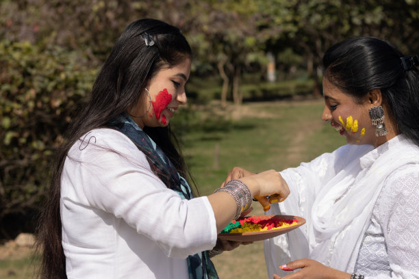 两个年轻的女孩姐妹朋友家庭庆祝享受胡里节的颜色在户外公园的一个流行的印度节日庆祝与古拉尔啤酒颜色粉图片下载
