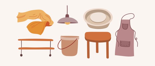 陶器工作室的室内物品。陶艺家工作室收藏。陶器作坊套装。图片下载