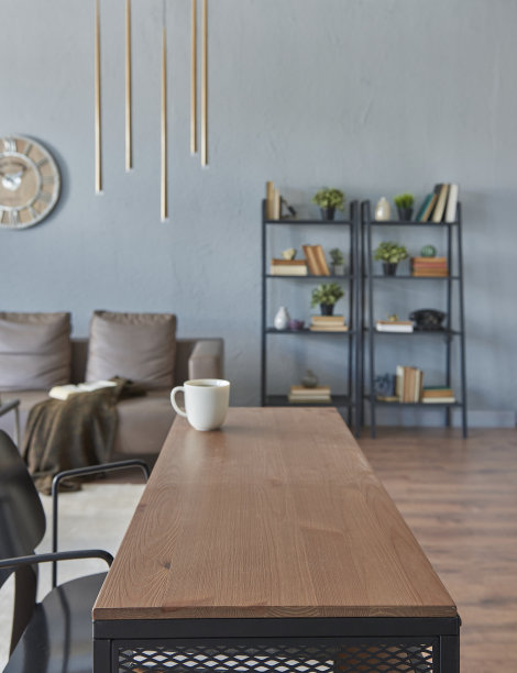 现代家庭室内客厅和家庭办公室，木桌子笔记本电脑书架书花在桌子地毯。图片下载