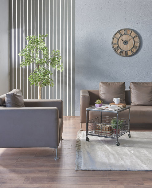 现代家庭室内客厅和家庭办公室，木桌子笔记本电脑书架书花在桌子地毯。图片下载