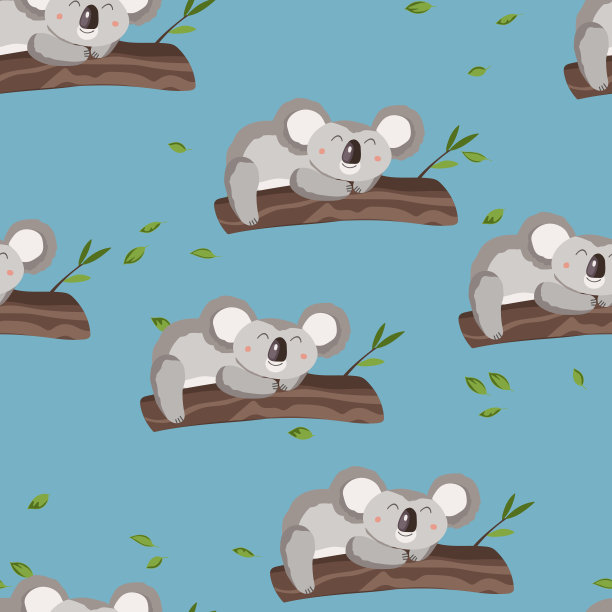 无缝模式与可爱的考拉宝宝的颜色背景。有趣的澳大利亚动物。卡片，给孩子的明信片。平面矢量说明织物，纺织品，墙纸，海报，纸图片下载