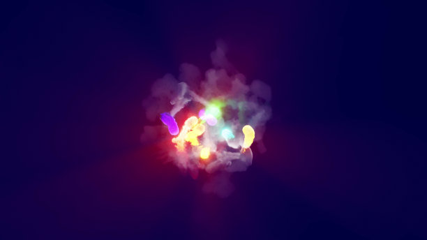 多色火球沿复杂轨迹飞行的3D渲染图片下载