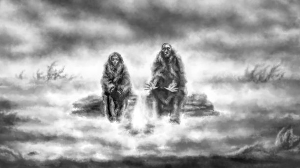 坐在火堆旁的原木上的一对奇怪男女，他们正在暖手交谈。2D恐怖奇幻题材插画图片下载