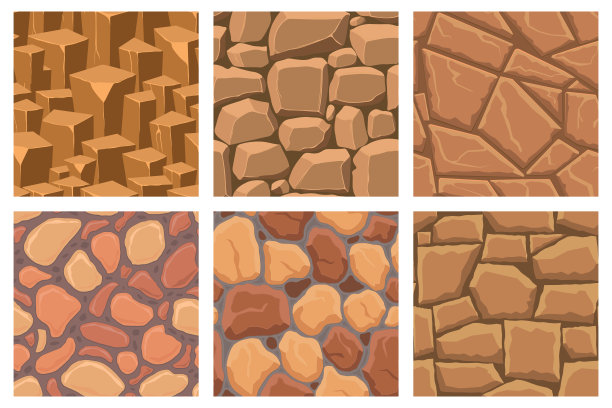 卡通游戏纹理，岩石，泥土和地面表面无缝模式。游戏资产墙壁和环境背景图片下载