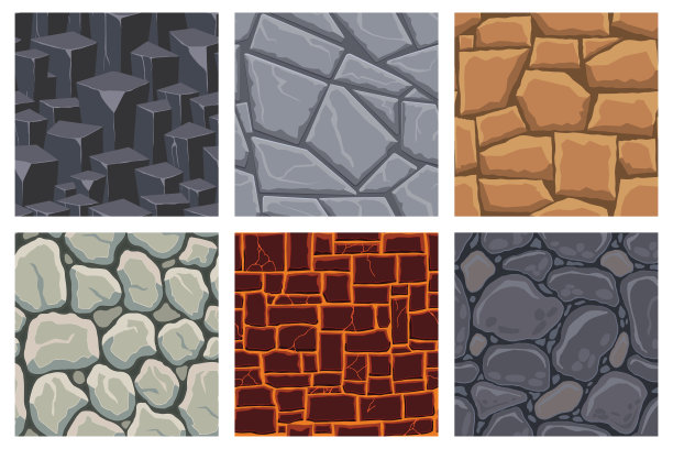 卡通游戏纹理，熔岩，岩石和砖块，泥土和地面表面无缝模式。游戏资产墙壁和环境背景图片下载