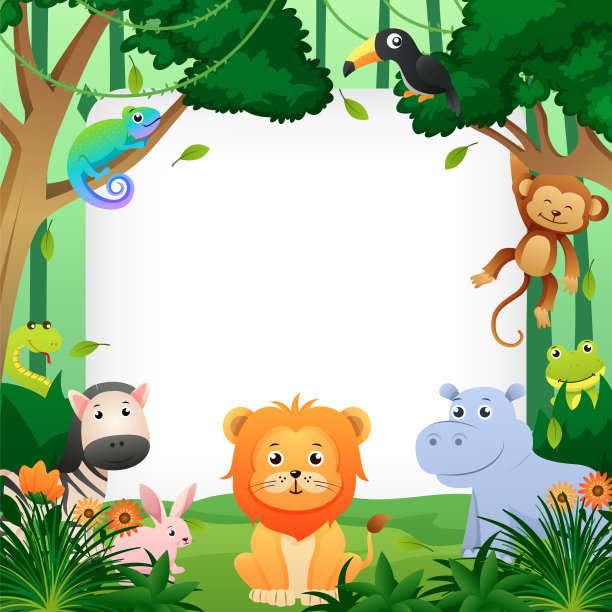 野生动物在丛林与方形复制空间。孩子们的风格。向量。图片下载