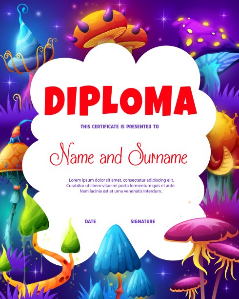 草地上有神奇蘑菇的儿童文凭图片下载