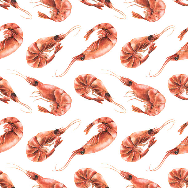 煮虾不去皮。水彩插图。白色背景上的无缝图案来自虾系列。适用于菜单、菜谱、包装、店铺、咖啡厅的设计与设计图片下载