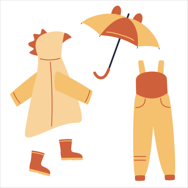 一套儿童服装——雨衣、雨伞、胶靴、帆布鞋。图片下载