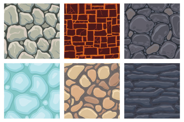 卡通游戏纹理，熔岩，冰，岩石和砖，污垢和地面表面无缝模式。游戏资产墙壁和环境背景图片下载