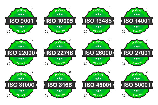 一套国际标准化组织徽章。ISO流行标准集。证书的概念。矢量插图。图片下载
