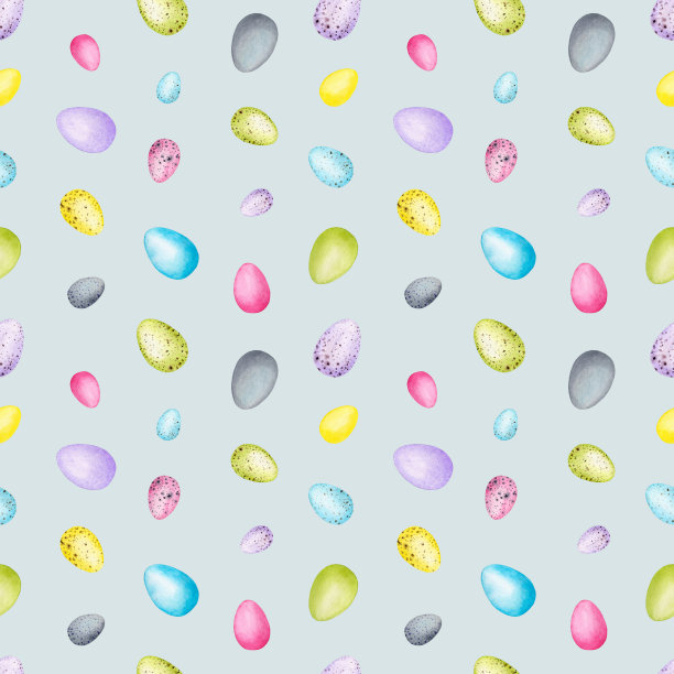 无缝水彩图案与复活节装饰在蓝色的背景。水彩设计用于包装、包装、墙纸、织物、纺织品。图片下载