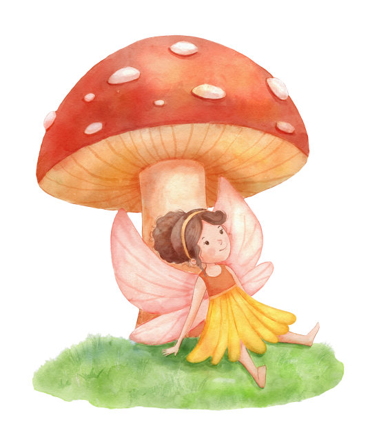 可爱的小仙女坐在蘑菇下孤立的白色背景。儿童水彩插图图片下载