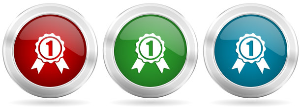 徽章，首先，第一个矢量图标集。红色，蓝色和绿色银色金属网按钮铬边框图片下载