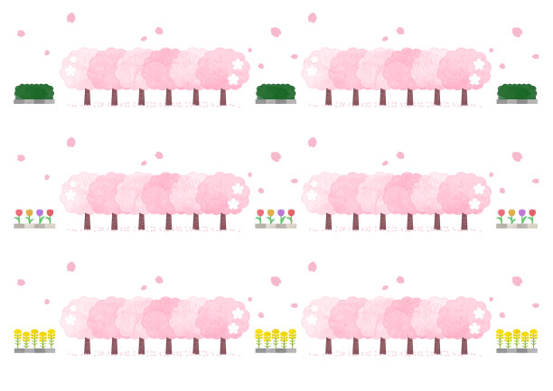 一套人行道樱桃树，春天的花朵，和树篱3水彩风格图片下载