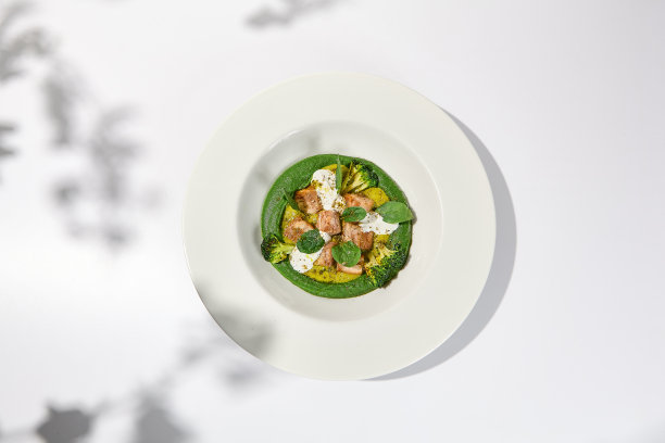 这道创意菜肴由烤鸡和花椰菜泥制成，放在白色盘子里。切片烤鸡配蔬菜和奶油espuma夏季菜单。图片下载