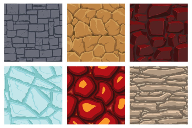 卡通游戏纹理，熔岩，冰，岩石和砖，污垢和地面表面无缝模式。游戏资产墙壁和环境背景图片下载