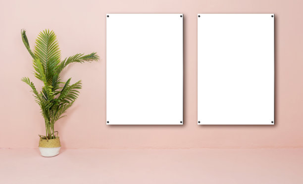两个空白垂直黑色海报框架站在轻木地板与旁边的白墙。空白海报框架模型。图片下载