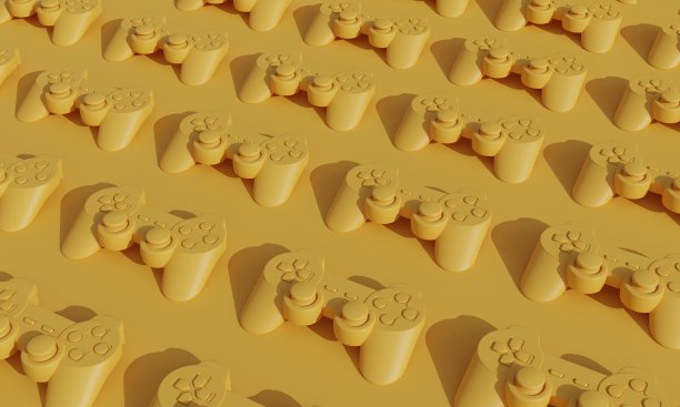 黄色手柄或操纵杆模式设置在黄色背景上。硬光。三维渲染图片下载