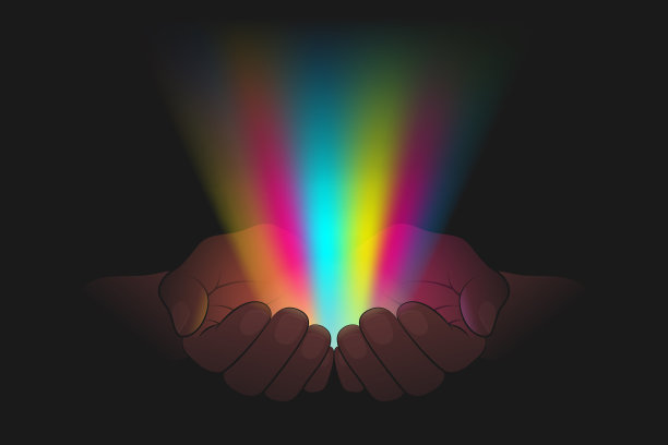 明亮多彩的闪光和杯状手掌在黑暗的背景图片下载