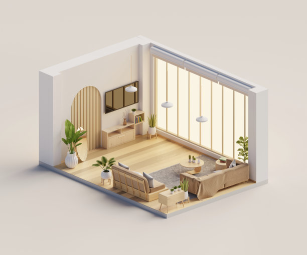 等距观客厅无印良品式开放式室内建筑，3d渲染数字艺术。图片下载