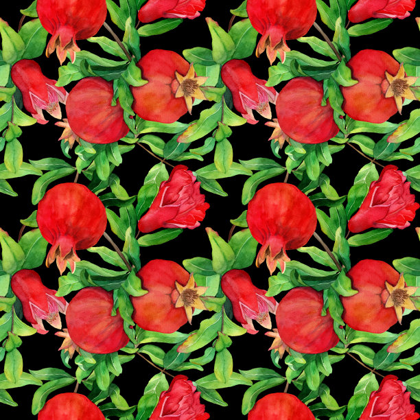 无缝图案与水彩手绘红石榴。带叶和花的水果。中世纪华丽的织物。图片下载