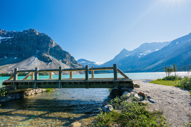 班夫国家公园风景优美。弓湖湖滨步道和木桥。加拿大阿尔伯塔省。图片下载