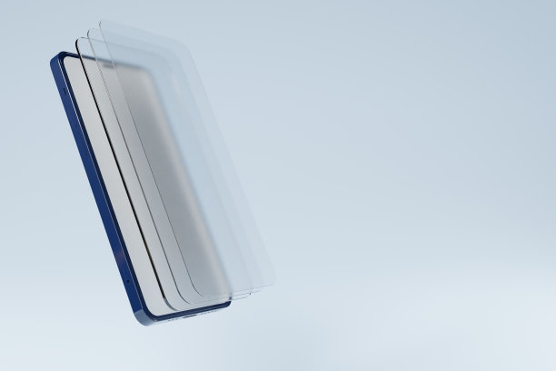 智能手机具有三级屏幕保护眼镜覆盖悬浮在蓝色背景。三维渲染图片下载