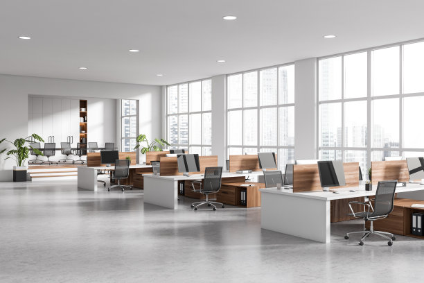 角落视图明亮的办公室内部与电脑图片下载