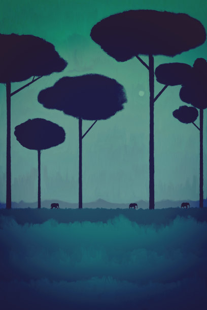 神秘的光栅插图与傍晚丛林与高大的树木，大象和山脉的背景在传统绘画风格。主题-梦想，旅行，渴望冒险。图片下载