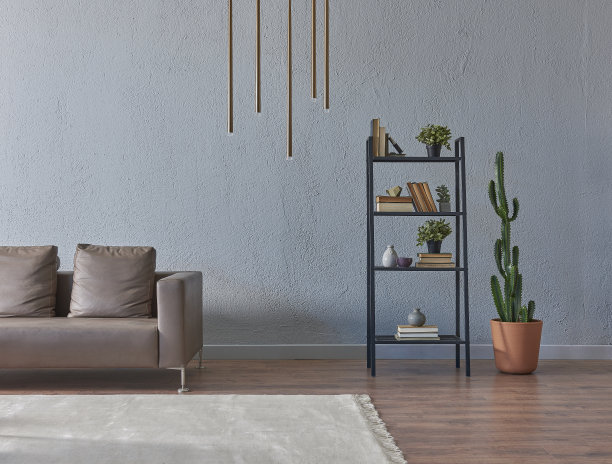 现代家庭室内客厅和家庭办公室，木桌子笔记本电脑书架书花在桌子地毯。图片下载