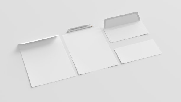 空白企业文具集模型与信封，纸，钢笔和铅笔在白色背景。品牌模拟。侧视图图片下载
