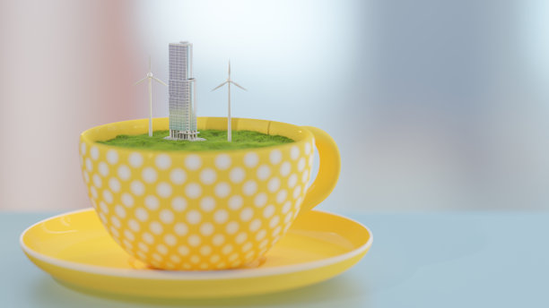 在黄色圆点咖啡杯里的摩天大楼或带涡轮机的草甸建筑。设计在最小的概念。图片下载