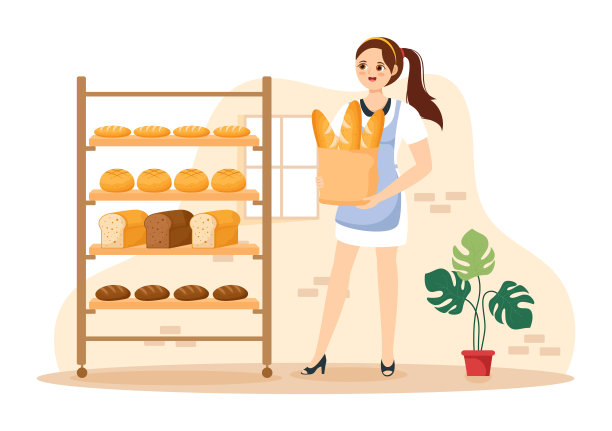 面包磨插图与小麦袋，各种面包和风车的网页横幅或登陆页在平面卡通手绘模板图片下载