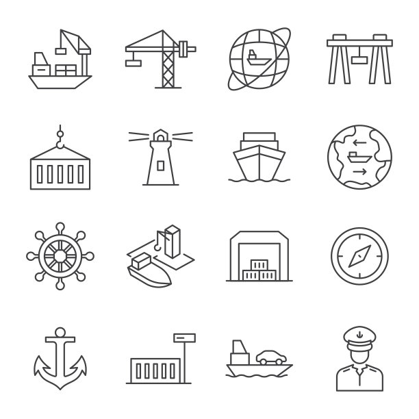 海港，图标设置。用于航运业的设备。海上港口和货运船舶。物流。线条或轮廓图片下载