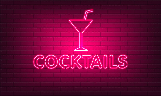 霓虹灯鸡尾酒与玻璃砖墙背景。复古的粉红色电子招牌与明亮的霓虹灯。喝酒夜总会。酒吧霓虹灯招牌的灯光落下。矢量图图片下载