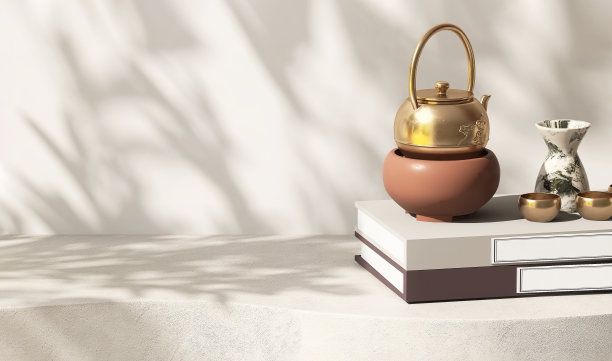 空白米色混凝土纹理曲线柜台讲台，中文书，黄铜茶壶，阳光下的茶杯，墙上的叶影图片下载