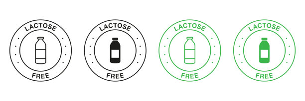 无乳糖绿色及黑色邮票套装。100%无乳糖乳制品图标。过敏原成分标签。生态天然产品无乳糖标志。牛奶中不含乳糖标志。孤立矢量图图片下载