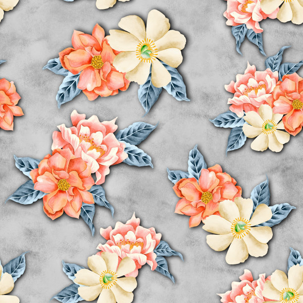 水彩，花，图案，，橙色，热带，元素，，蓝色，叶子，，蓝色，背景，水彩花图案图片下载