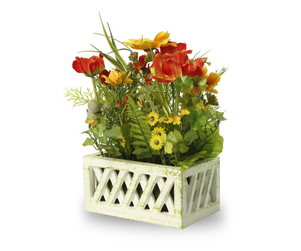 宇宙之花和人造花束。玛格丽特，郁金香，装在复古风格的木箱里。装饰，内饰，png，透明图片下载