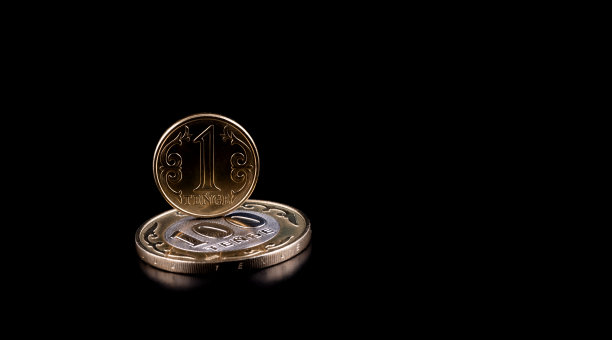 黑底1和100哈萨克斯坦坚戈面额的硬币图片下载