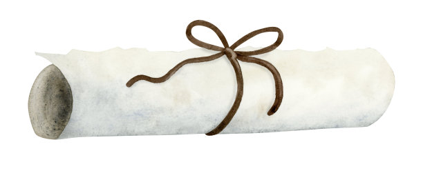 水彩手绘纸卷彩带蝴蝶结，毕业文凭卷插图孤立在白色背景图片下载