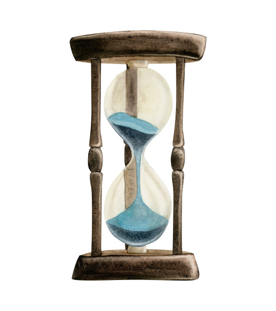 复古木制沙漏与浅蓝色的沙子水彩插图。符号时间隔离在白色背景上图片下载