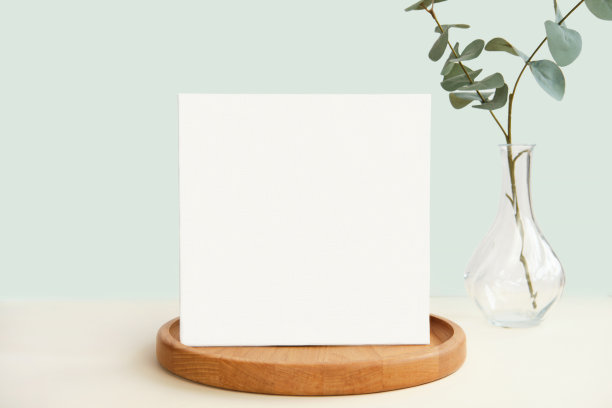 空白贺卡，邀请模型。正面视图桉树植物，现代木板，波西米亚纸模拟绿色桌子。副本的空间。最小商业品牌模板。软影北欧飞人设计图片下载