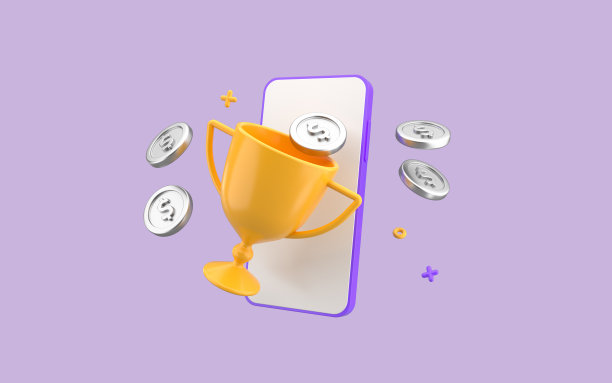 奖杯奖智能手机钱硬币。赢得紫色背景上的奖品概念。三维渲染图片下载