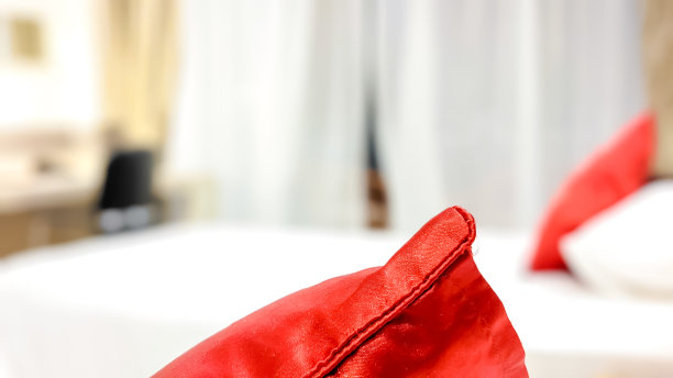 卧室背景中暗红色缎枕头的孤立视图。图片下载